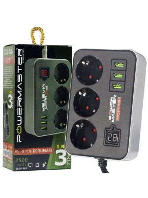 Powermaster Dijital Ekranlı 3 Usb'li 3'lü 1.8 Metre Kablolu Zaman Ayarlı Akım Korumalı Priz Siyah
